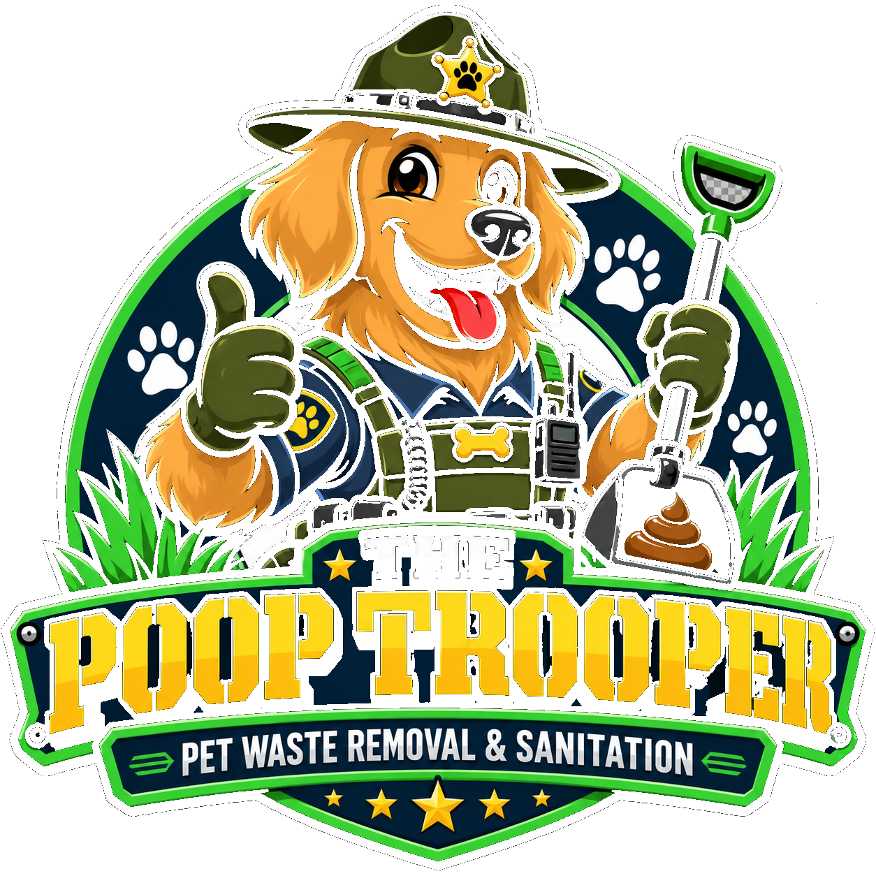 The Poop Trooper mascot — golden retriever trooper with scoop